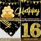 Happy 16th Birthday Banner Decorations for Boys, Black Gold 16 Birthday Signs Party Supplies, Sweet Sixteen Birthday Party Decor for Outdoor Indoor